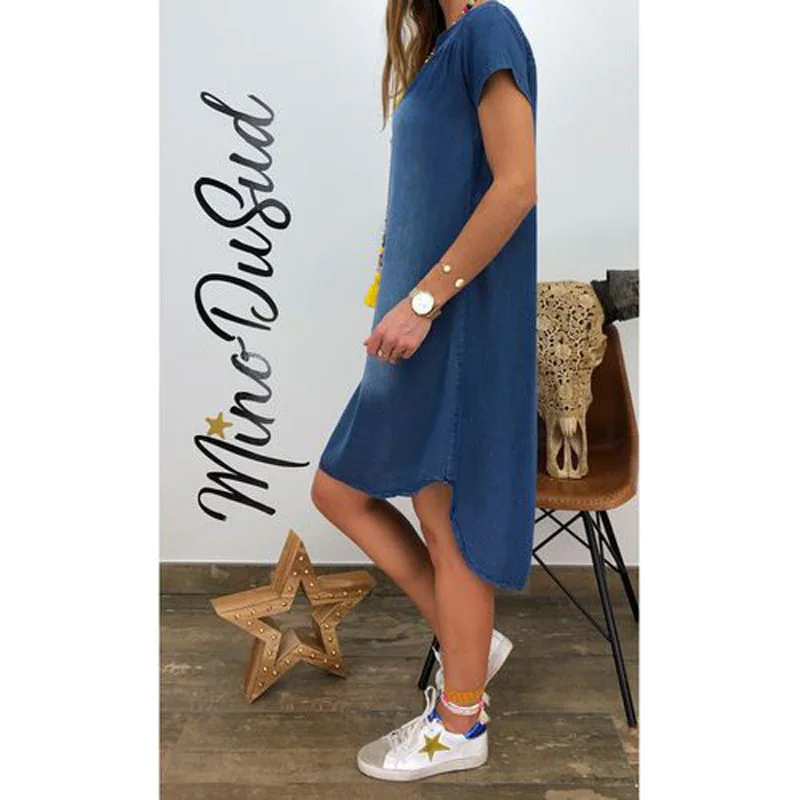 Denim Dress For Women Casual V Neck Short Sleeve Loose Distressed Jean Dress 2024 Summer Denim Blue Street Style Dresses Female