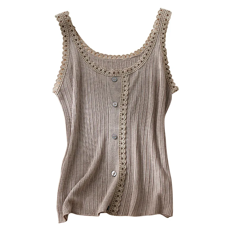 BirdTree, 55%Real Silk Elegant Vest, Women O Neck Splicing Lace, Sweet Comfortable Versatile Slim Knit Top, 2024 Summer P46592QC