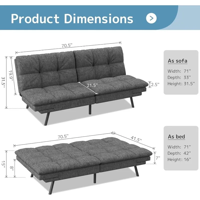 Futon Sofa Bed, Memory Foam Foldable Couch Convertible with Adjustable Armrests for Small Space, Apartment,Living Room