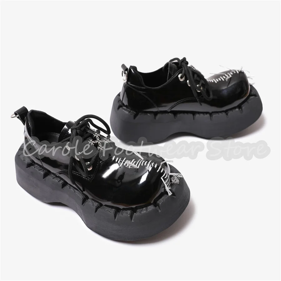 Male Chunky Bottom Heigh Increasing Shoes Gothic Stitch Platform Lace-Up Derby Shoes Black Patent Leather Streetwear Oxfords view 4