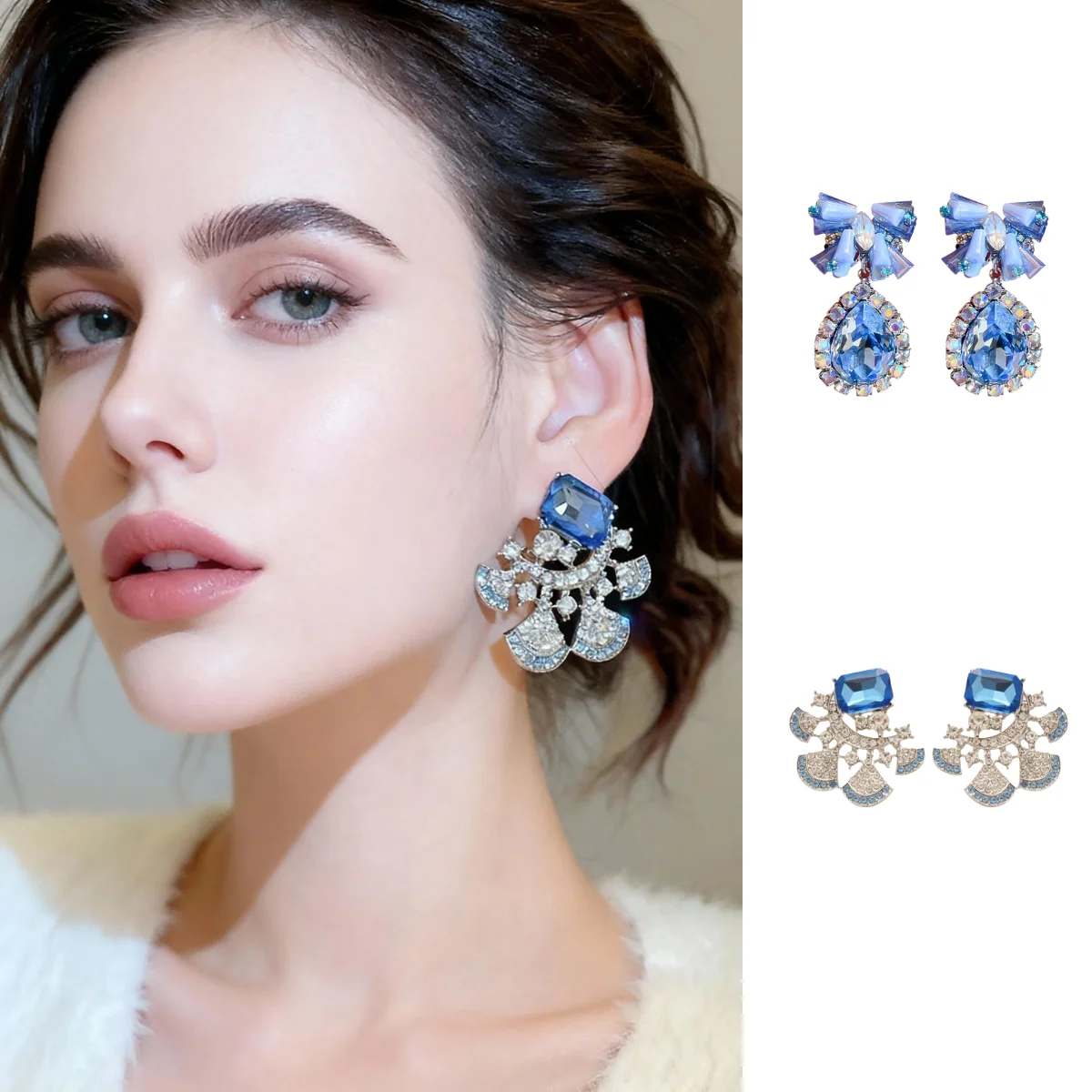 

Square Fan-Shaped Stud Earrings Elegant Diamond-Studded Silver Pin Earrings Luxurious and Sophisticated Earrings