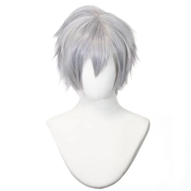 Anime Character Kaworu Nagisa Cosplay Wig Silver Gray Short Wig Rose Net Inner Cap Heat Resistant Synthetic Fiber Wig Halloween