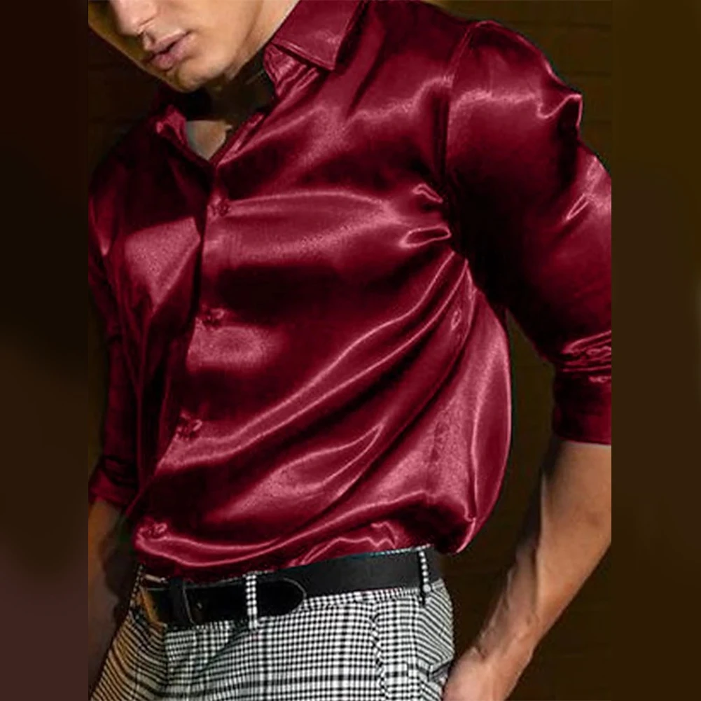 Fashion Autumn Satin Silk Solid Color Long Sleeve Single Breasted Shirt Wedding Party Business Shirts Camisas De Hombre For Men