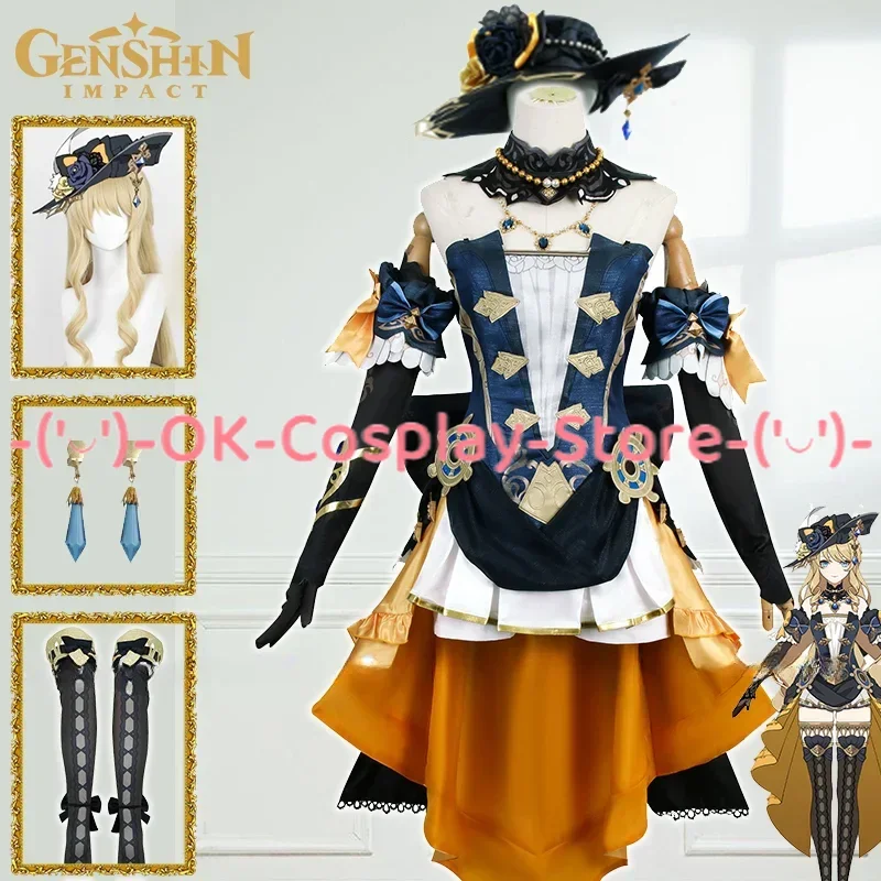 Disfraz de Cosplay de Navia Genshin Impact para niñas, vestido, peluca, Fontaine, Di Rosula Spina, sombrero, guantes, Clips para las orejas, uniforme, en STOCK