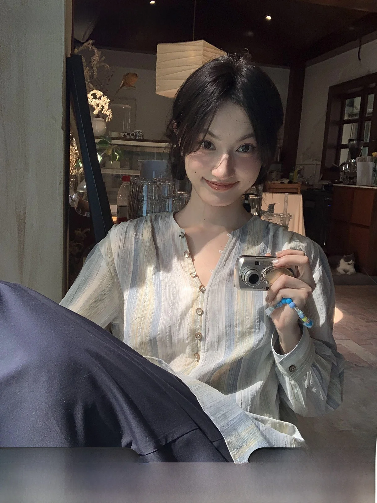 

Hello Fre adient Вертикальные полосы круглые Ne irt Женский летний новый дизайн Свободная тонкая хлопковая смесь на пуговицах irt