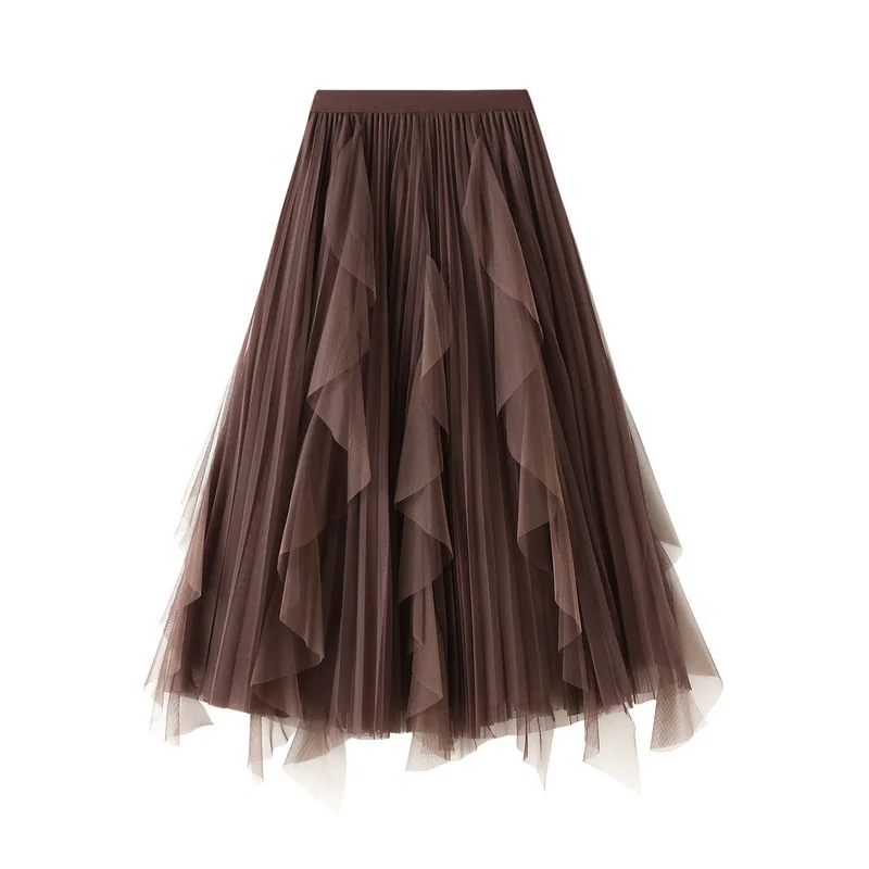 New In 2025 Spring Autumn High Waist Ruffles Spliced Mesh Pleated Midi Long Skirt For Women Sweet Elegant Tulle Tutu Skirts