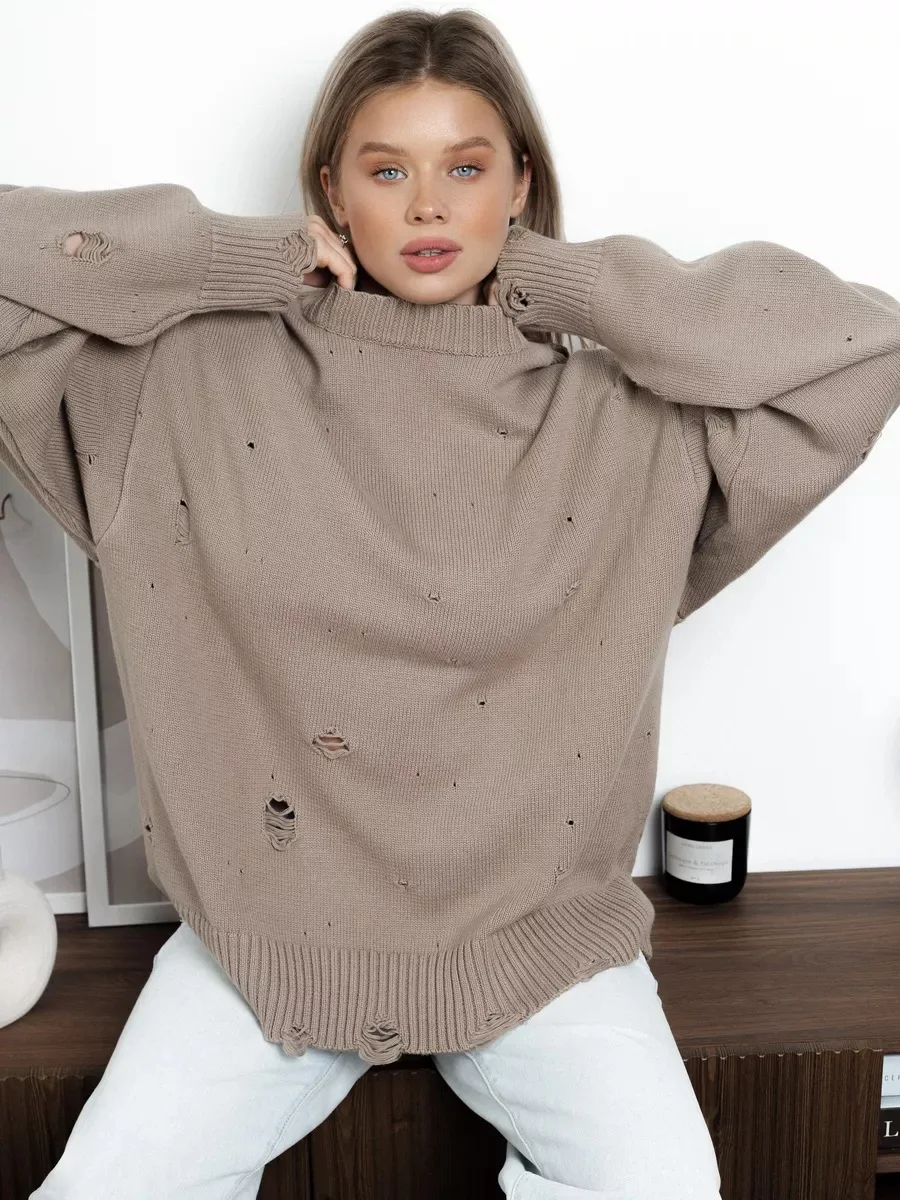 Autumn Winter Long Sleeves Hole Sweater Women Ripped Harajuku Oversized Pullovers Knitted Sweater Female Loose Jumpers Sweater