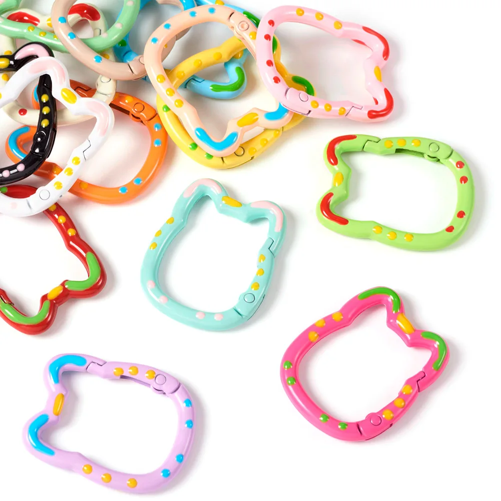 15Pcs Metal Enamel Spring Gate Rings Cat Head Strap Buckle Connect Pendant Key Chain Snap Clasp Clip for DIY Jewelry Making