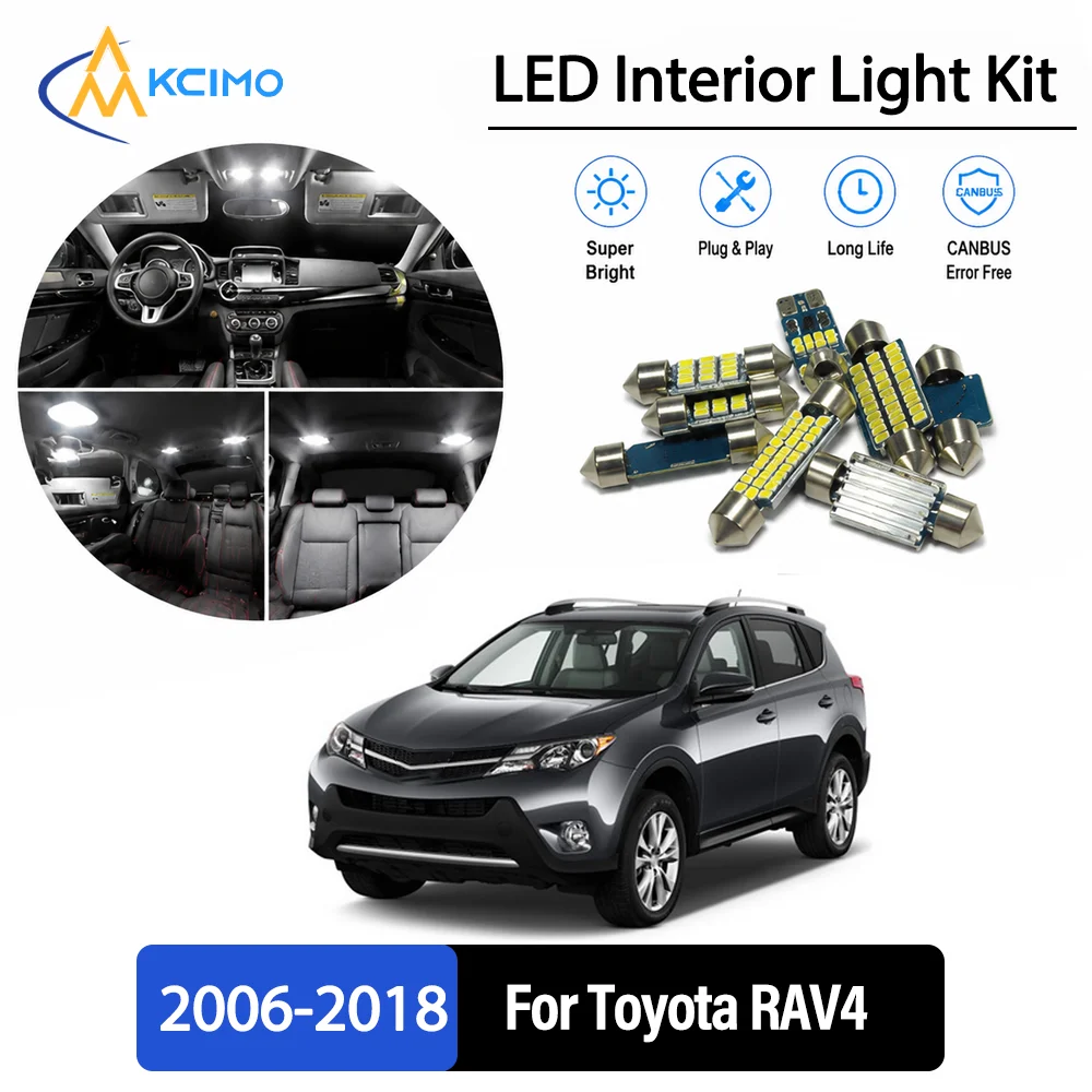 Kit de remplacement de lampes LED intérieures pour Toyota RAV4 2006-2018 2007 2008, Premium, sans fil, à éclairage continu, pour la remise à neuf de la cabine