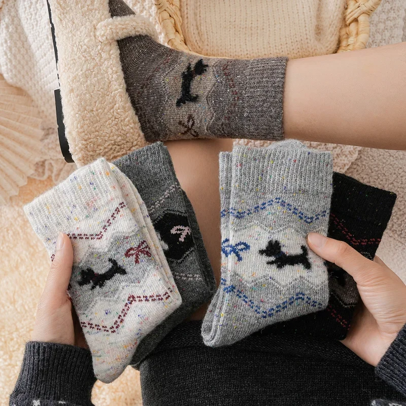 1/3/5 Paar Damen Fair Isle Hundemuster Wadenlange Socken 2025 Neue Winter Wollmischung Thermosocken Niedliche Retro Warme Socken EU 35-42