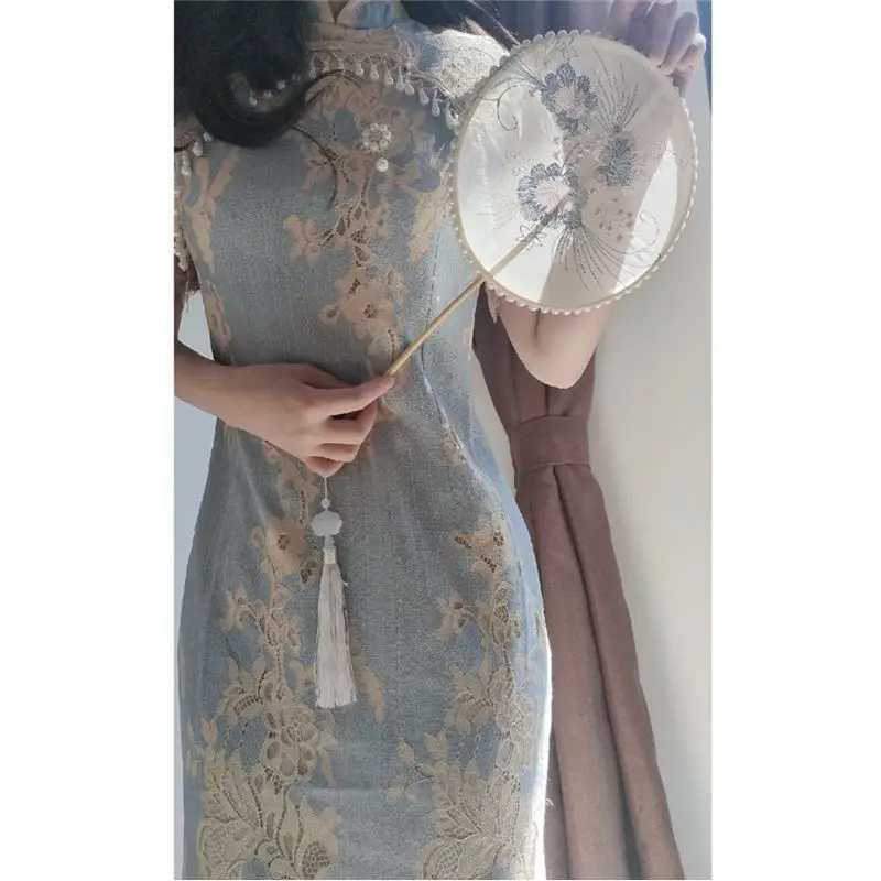 Vestido qipao largo de manga corta para mujer, traje de encaje con estampado de perlas, estilo chino, largo y diario, estilo cheongsam azul, primavera y verano