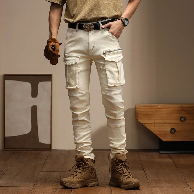 

Men Hip Hop Motorcycle Jeans Streetwear Fashion Casual Elastic Slim Fit White Denim Cargo Jeans Pencil Pants Plus Size Trousers