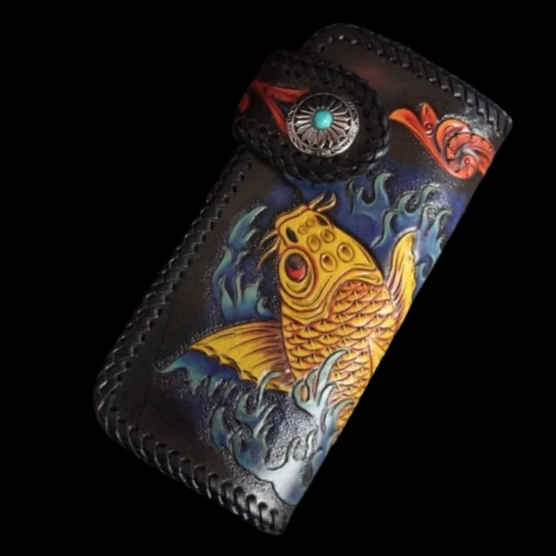 

Handmade Genuine Leather Wallets Carving Koi Carp Bag Purses Women Long Clutch Vegetable Tanned Leather Wallet Fathers Day Gift