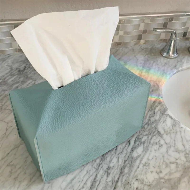 Tissue Box Cover Refined PU Leather Foldable Tissue Box Holder - Decorative Holder/Organizer for Bathroom Vanity Countertop