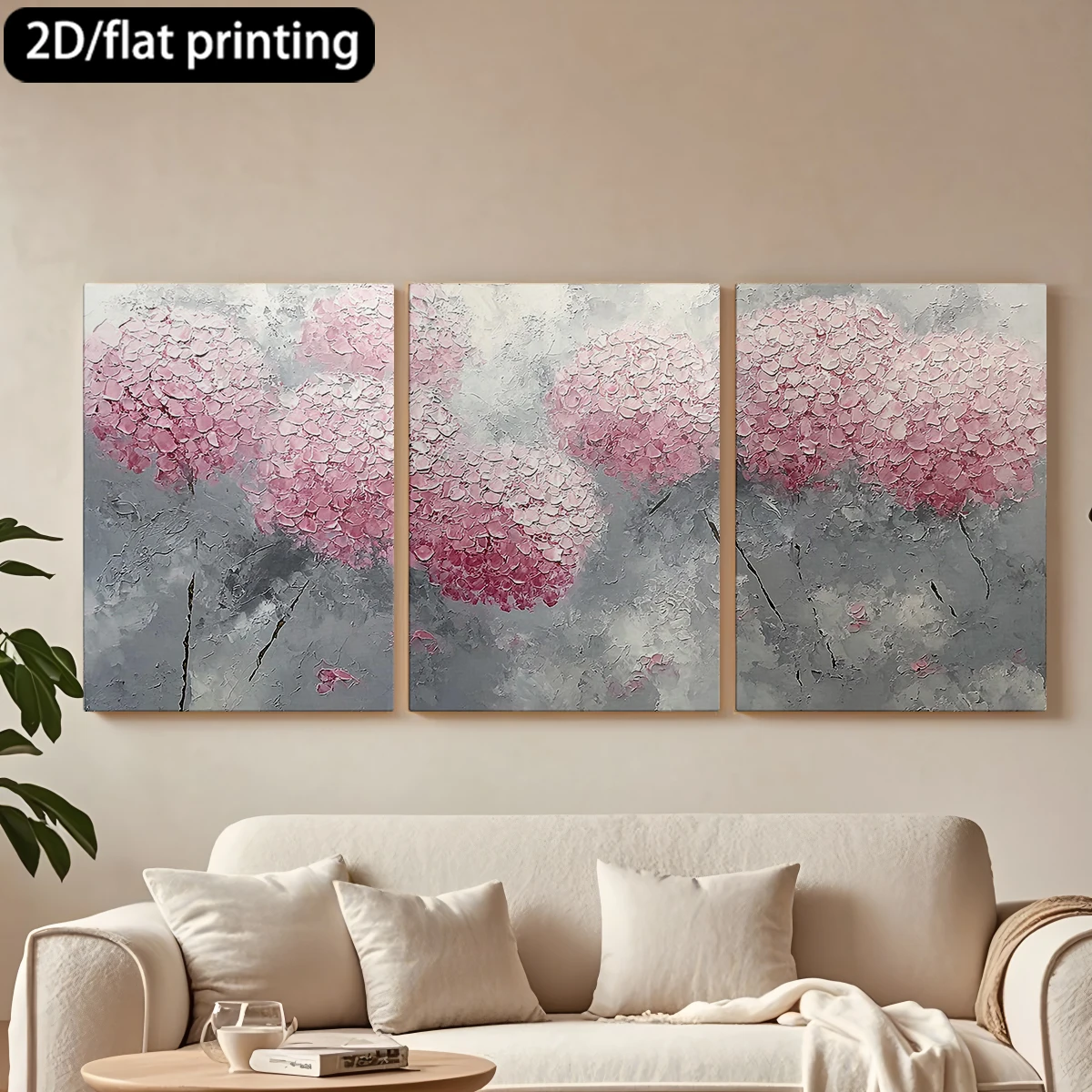 

2D flat printing 3pc wooden frame canvas decorative painting Abstract pink flower oil art.Corridor bedroom decoration