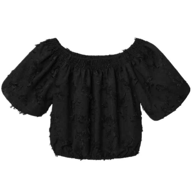 Loose Women's irt Spring 2025 New Elastic Collar Frayed Bubble Sve Top Faion European Sle ort Sve Casual Wear