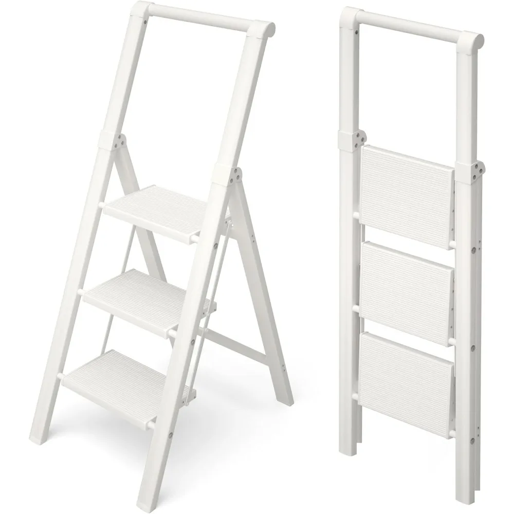 Escalera plegable de aluminio de 3 escalones con empuñadura, peldaños antideslizantes, capacidad de carga de 330 libras, liviana y portátil para uso doméstico