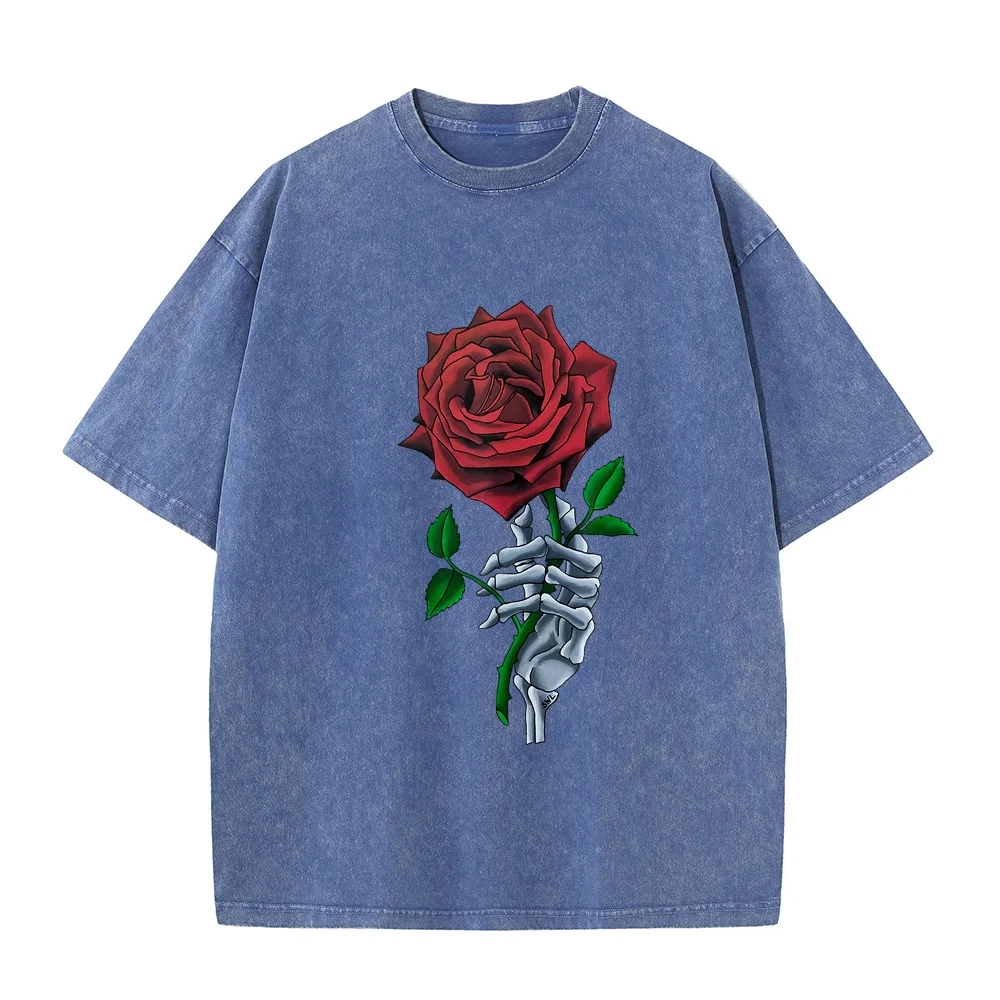 Skeleton Hand Holding Stem Flower Graphic Design Red Rose T-Shirt Одежда Korean Reviews Many Men's Clothes T-Shirts For Men