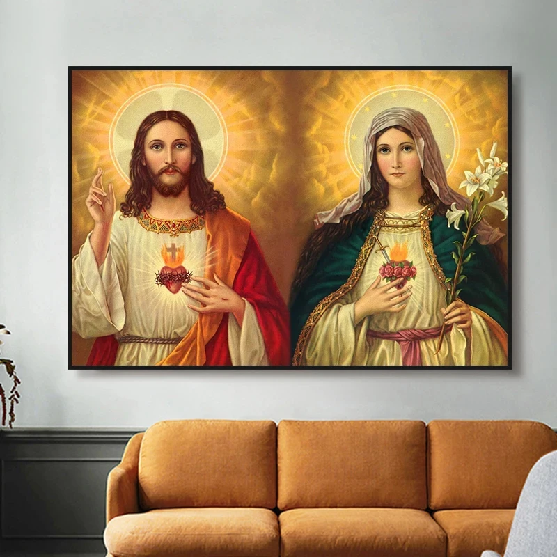 Mary and Jesus Sacred Heart Poster HD Print Canvas Painting Catholic Fresco Christianity Wall Art Picture Living Room Home Decor