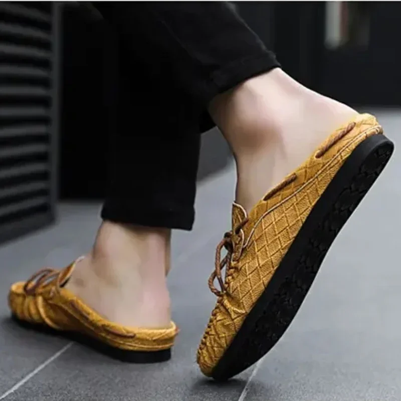 Summer Men Shoes Casual Fashion Mens Loafers Genuine Leather Half Slipper Breathable Slip on Lazy Driving Shoes Men Moccasins