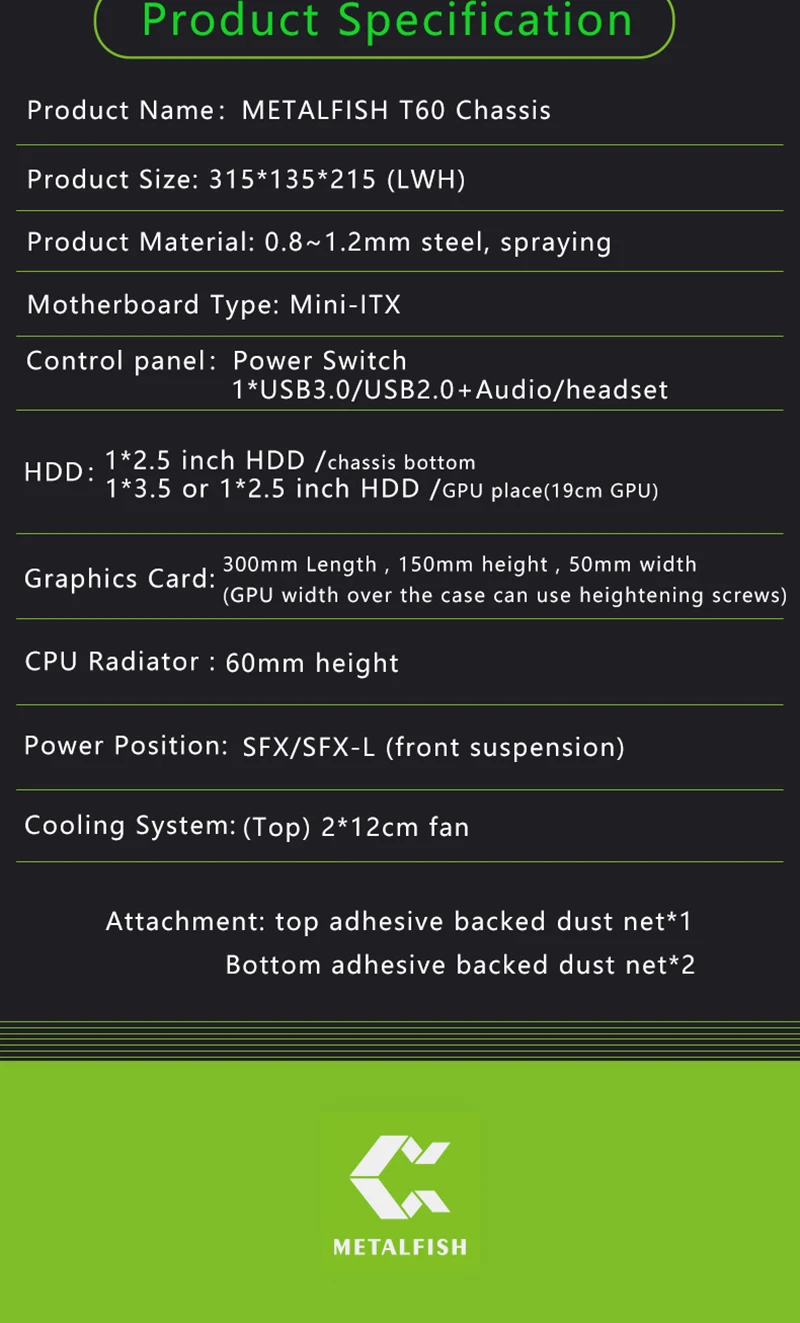 METALFISH T60 Mini ITX Schwarzes Gehäuse 9L Gaming-Computergehäuse Kompakter transparenter PC-Unterstützung SFX PSU/300 mm GPU – Detail 15