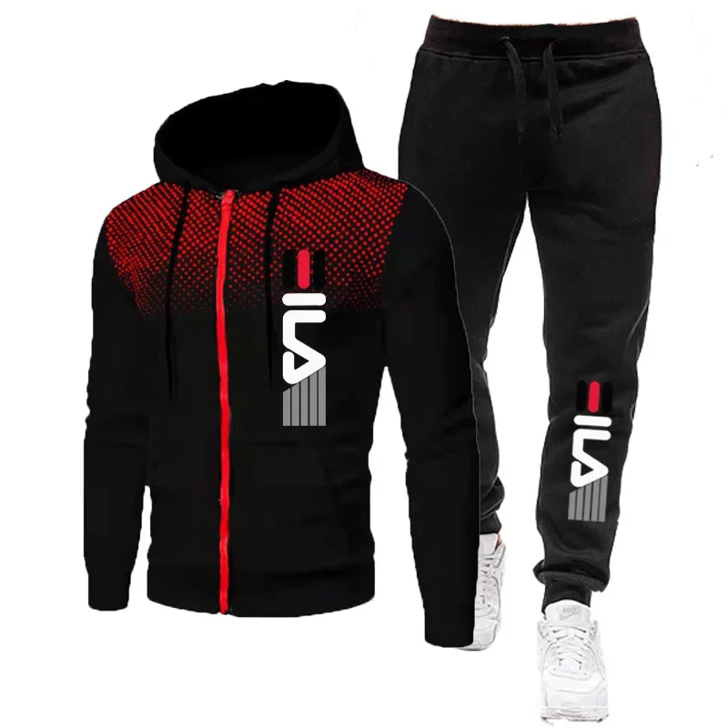 2 Piece Jogger Suits Mens Autumn Long Sleeve Zipper Print Hoody Coat and Long Sweatpants Male Outdoors Sport Tracksuits