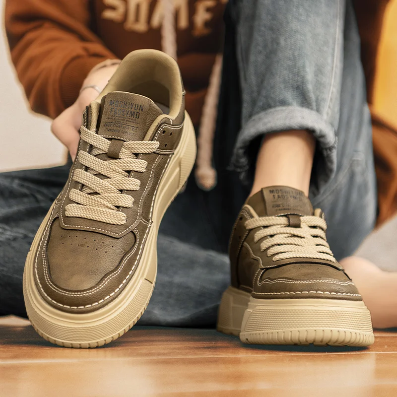

Men's Casual Shoes Summer 2026 New Style British Leisure Thick Bottom Anti-slip Sports Heightening Brown Leather Shoes