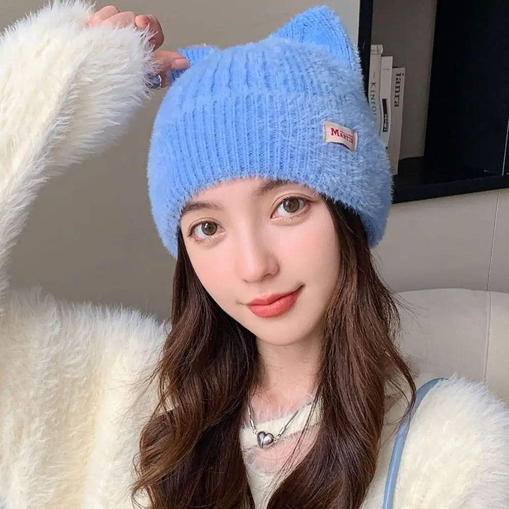 Cat Ear Earflap Women Knitted Hat Cute Candy Color Faux Fur Pullover Cap Kpop Style Winter Hat Women Girls