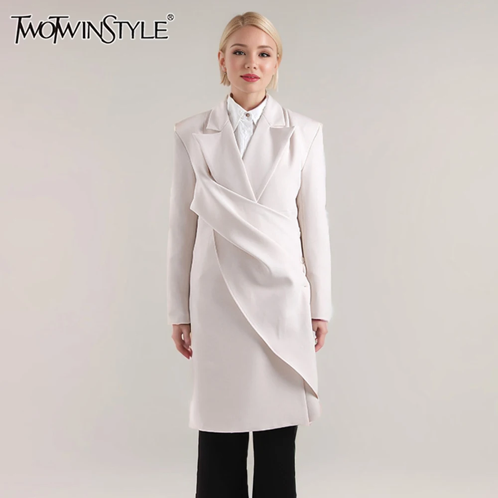 

TWOTWINSTYLE Solid Asymmetrical Casual Trench For Women Notched Collar Long Sleeve Slimming Designer Coats Female Fashion New