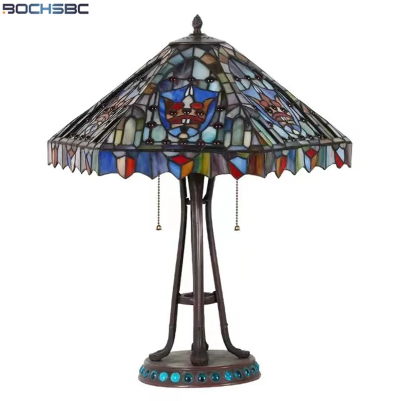 

BOCHSBC Tiffany Style Desk Lamp Flower Colorful Gemstone Shade Iron Art Antique Decorative Table Light Remote Control Dimming