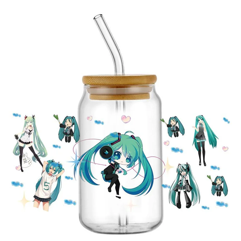 Hotsale Pretty Miku Popular Anime 16oz UV DTF 3D Transfer Cartoon Sticker Wrap Decals For Glass Can Cup Craft DIY Creative