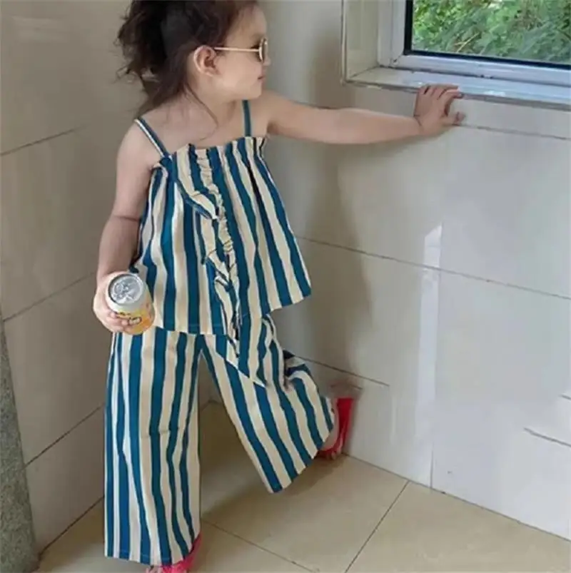 Girls' set summer new Korean version children's striped camisole top casual wide leg pants 2-piece set