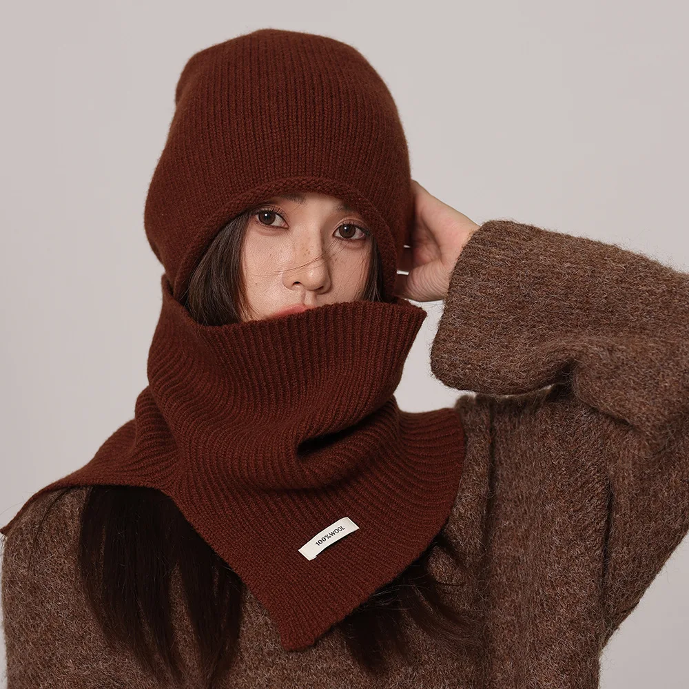 Conjunto de dos piezas de bufanda y gorro de lana 100% pura para mujer, conjunto de bufanda y gorro tejido de estilo coreano de alta gama