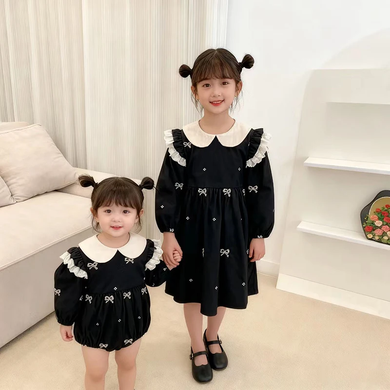 Neue Herbst Frühling Baby Mädchen Kleidung Schwester Kleidung Schmetterling Kragen Baby Mädchen Prinzessin Kleid Einteilige Kleidung Stickerei Kleid