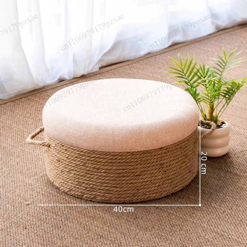 Household Low Stool Living Room Bench Hemp Rope Sofa Stool Antique Solid Wood Round Pedal Ottoman Wood Shoe‑Changing Stool