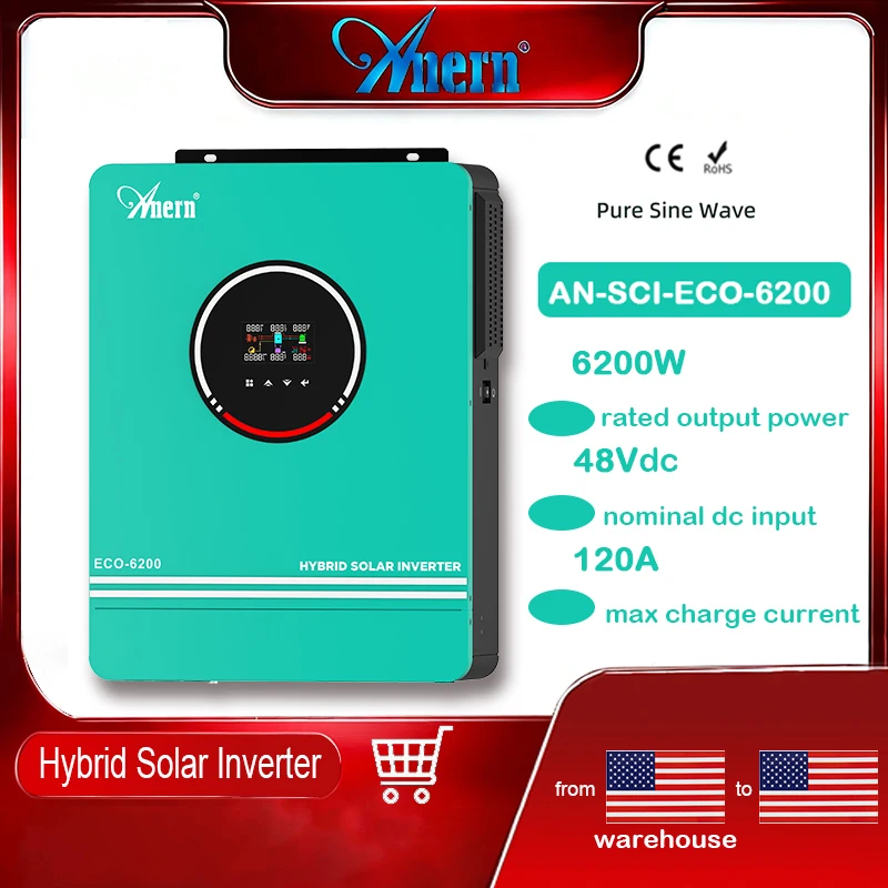 Anern 220V~240V 6.2KW Hybrid Solar Inverter 48V MPPT Photovoltaic Inverter Pure Sine Built-in 120A Solar Charge Controller