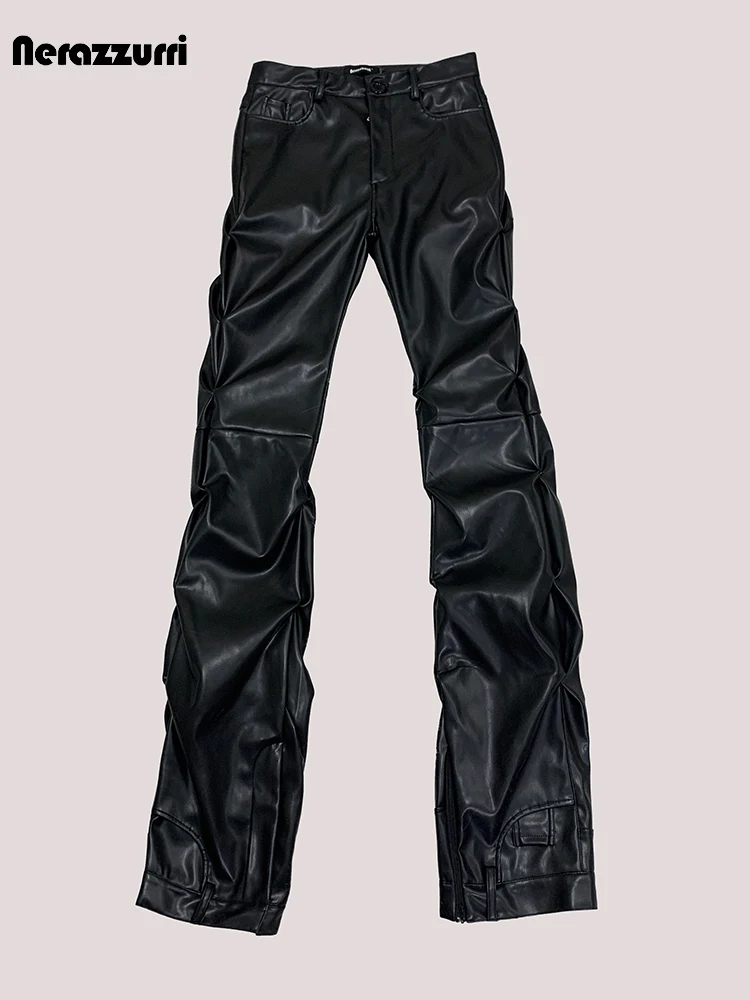 

Nerazzurri Autumn Long Fitted Ruched Skinny Soft Matte Black Pu Leather Stacked Pants Men Luxury Punk Style Clothes Streetwear