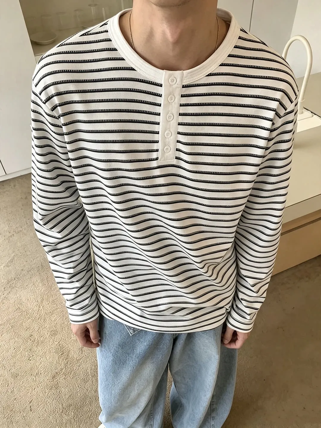 White Striped Long Sleeve  Shirt Men's Autumn Initial Wear Stand Collar Inner Match High Sense Youth Casual Style Top