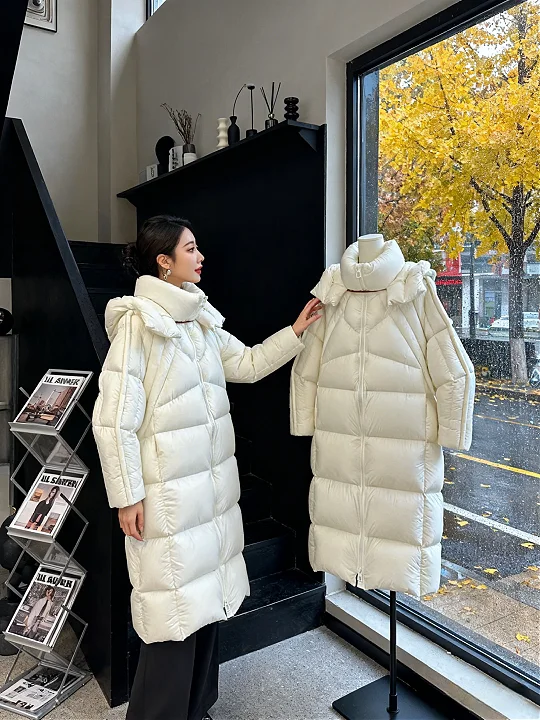 

Ультра-привлекательная новинка 2025 года, белая теплая хлопковая куртка с капюшоном, корейская зимняя одежда, хлопковое пальто, верхняя одежда средней длины