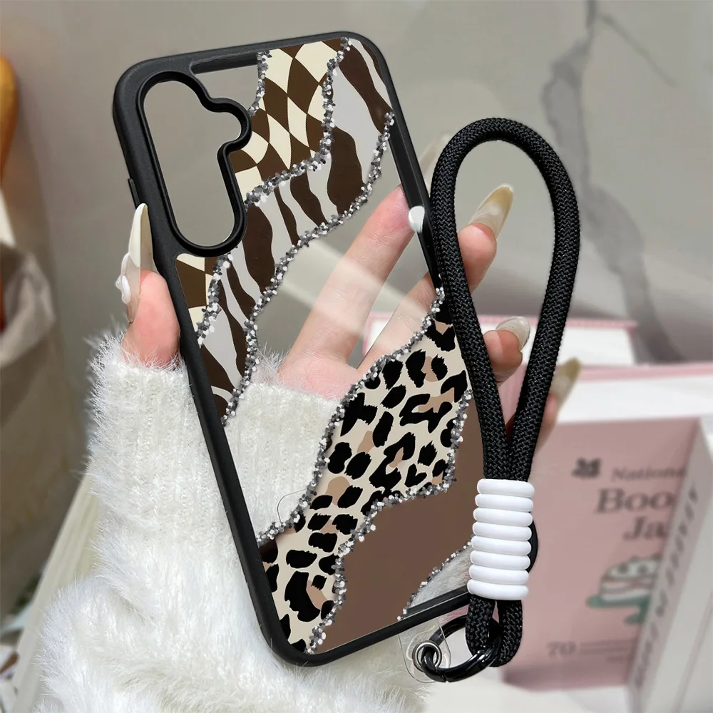 Silicone Matte Phone Case For Samsung Galaxy S26 Ultra Funda S25 FE S24 S23 S26ultra Prtotective Lanyard Plaid Leopard Cover