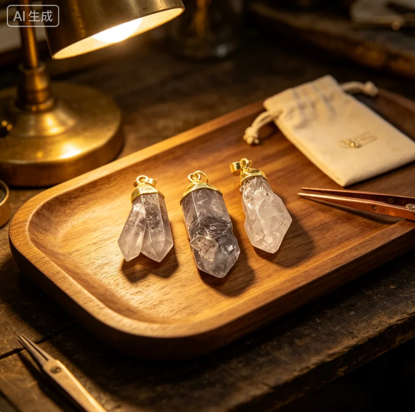 WT-P1703 Amazing Natural Crystal Quartz Point Stone Pendant Black Ruilated Raw Material For Women Jewelry