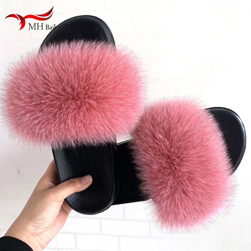 Real Fox Fur Slippers Women Summer Indoor Fluffy Flat Raccoon Fur Slides Outdoor Fashion Casual Beach Shoes Plus Size Shoes