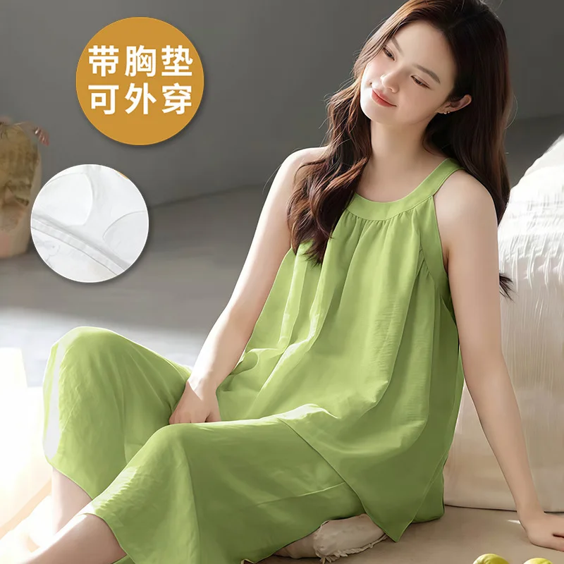 

Pajamas Women's Summer Sleeveless Sleepwear with Bra pads Thin casual and simple loungewear sets Solid Color Calf-Pant Pijamas
