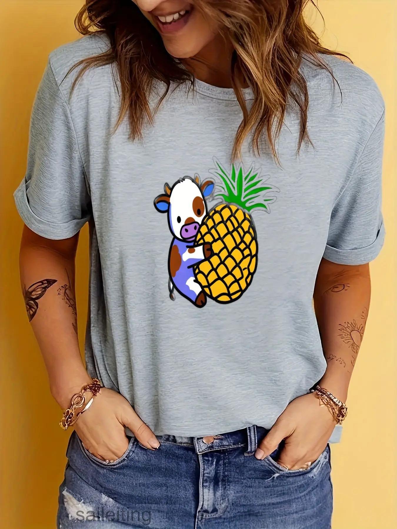 Cute Cartoon Cow Hugging Pineapple T-Shirt - Funny Black White Purple Hooves Graphic Tee, Soft Short Sleeve Top for Men Women