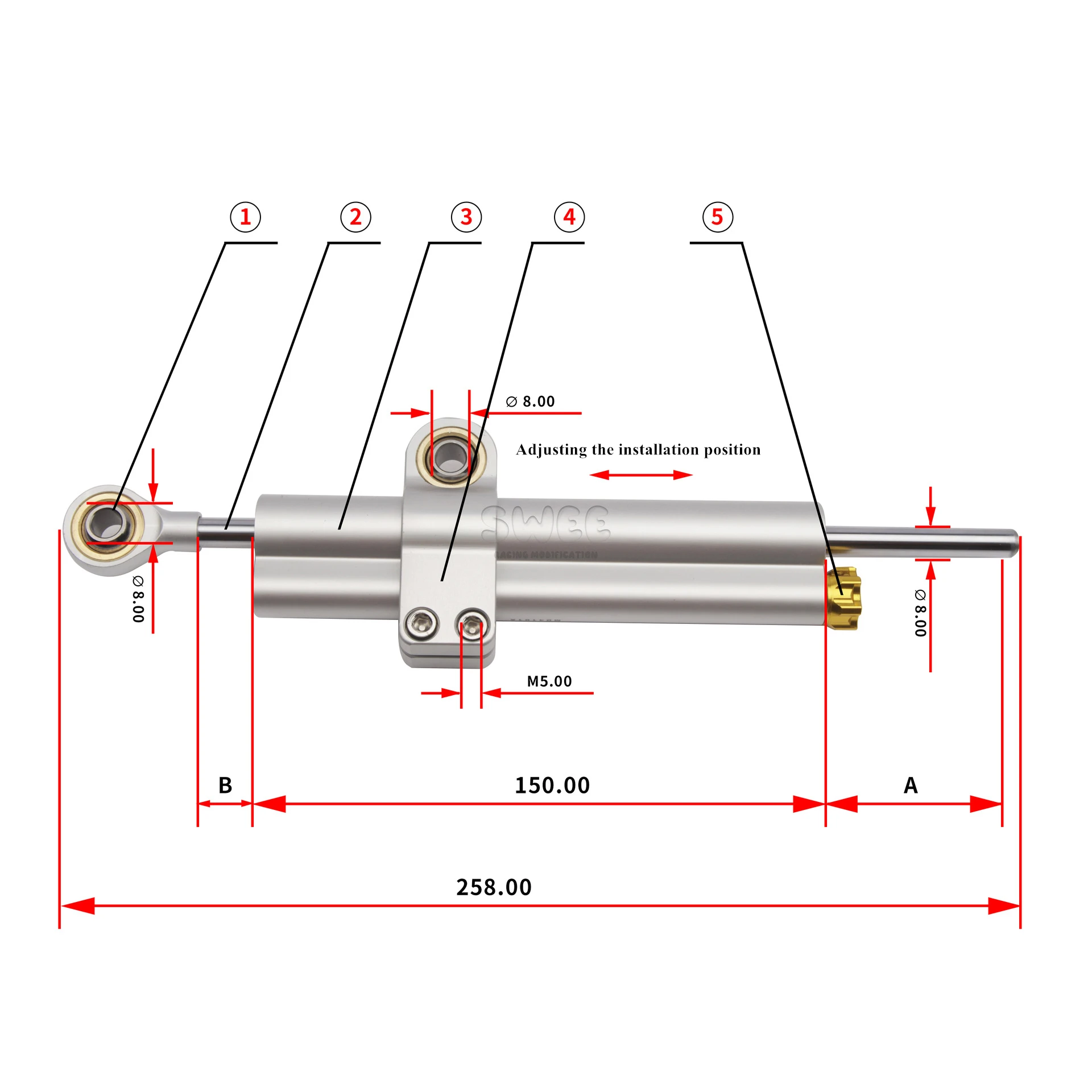 อุปกรณ์ดัดแปลงแดมเปอร์รถจักรยานยนต์สากล 258/373 มม. โคลงพวงมาลัยสําหรับฮอนด้าคาวาซากิยามาฮ่าท่อคู่แดมเปอร์