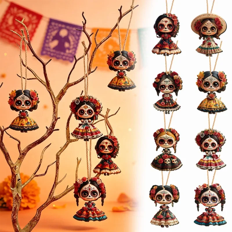 10.6x12cm Wooden Cat Hanging Ornament Halloween Sugar Skull Day Of Dead Yard Garden Party Home Wall Door Pendant Decoration