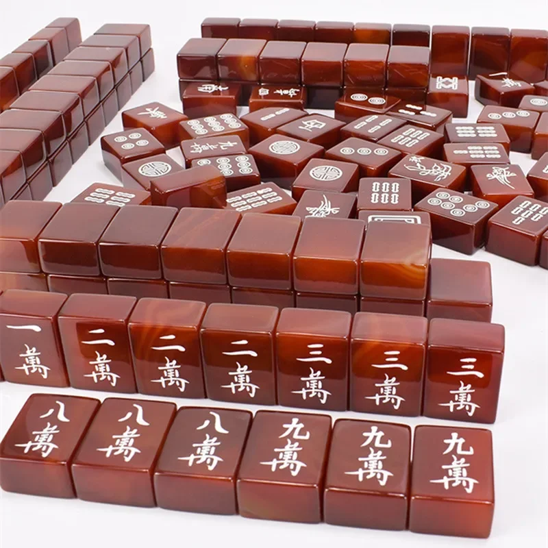 

Mahjong Tiles custom set Brazil Agate 36mm Custom Travel Mahjong Set box Christmas game leather red Agate Mahjong gift box