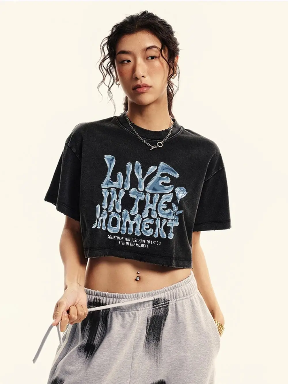 Womens Cotton Crop Washed T-Shirts Live In The Moment Letter Prints Short Sleeve O-Neck Distressed Oversize Tops Female Clothes