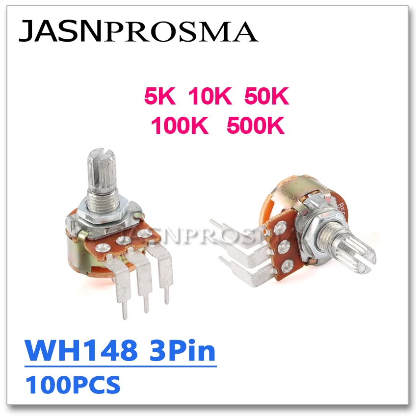 JASNPROSMA WH148 With switch 100PCS 3PIN 15MM B5K B10K B50K B100K B500K 5K 10K 50K 100K 500K potentiometer Large Bend foot 148