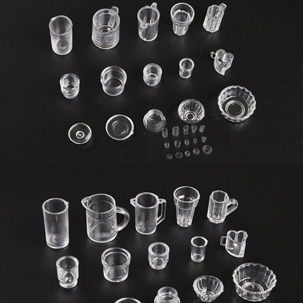 15pcs/Set Mini Transparent Drink Cups Dish Plate Tableware Miniatures Doll House Decoration Gift for Children